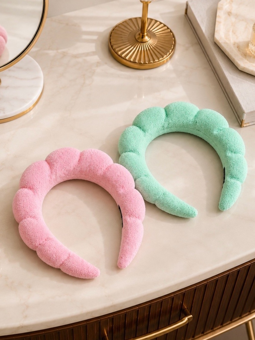 2 Pack Puffy Spa Headbands Pink Mint Green Terry Cloth Skincare Beauty NEW